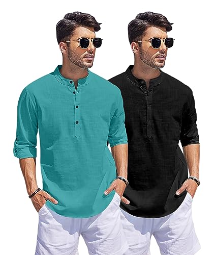 Image of Bellstone Men's Cotton Blend Straight Kurta Shirt Combo with Mandarin Collar - Slim Fit Casual Short Kurti Set Featuring Textured Slub Fabric and Roll-Up Full Sleeves