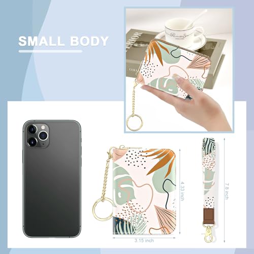 Image of Aiawoxc Credit Card Holder, Small RFID Wallet Slim Leather Card Organizer Case with Zipper and Wristlet Strap, Boho Leaves