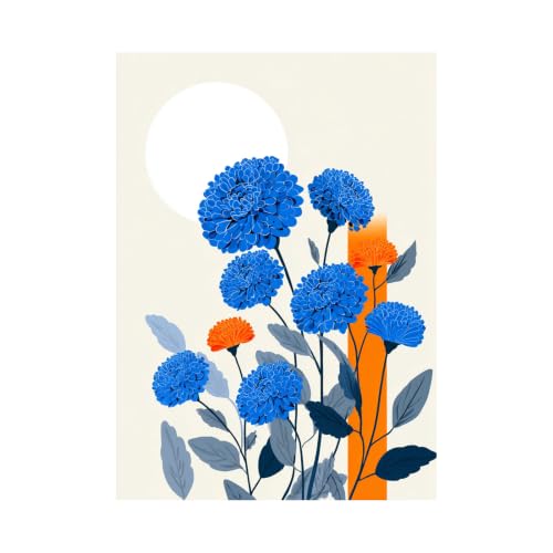 Arte mural abstracto de flores mixtas, cuadro decorativo azul y naranja para baño y oficina