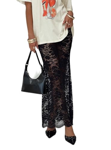 Women Lace Long Skirts Y2k Sheer Maxi Skirt Sexy See Through Beach Cover Up Long Skirt Streetwear