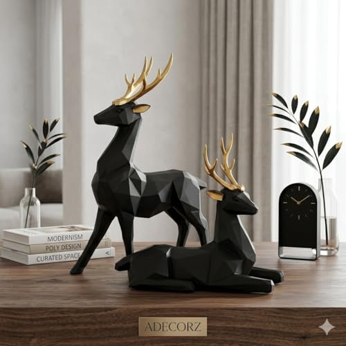 Image of Decorative Resin Deer Figurines, Resin, 25 cm Height, Set of 2, Standing and Sitting Deer Statues Geometric Showpiece for Home Decor | Housewarming Gift (Black)