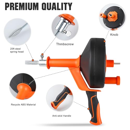 Image of Drain Auger 25 Ft,Plumbing Snake With Drill Adapter,Pipe Clog Remover for Kitchen Bathroom Shower Sink Cleaning,Flexible Spring Steel
