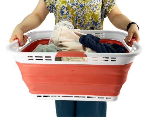 Image of SAMMART Set of 2 Collapsible Plastic Storage Basket - Foldable Pop Up Storage Container - Portable Laundry Organizer - Space Saving Hamper (White /Blush Red, 42L (Style A))