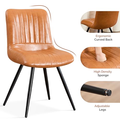 Image of Dining Chairs Set of 2, Modern Dining Chairs with Thick Cushions, PU Leather Upholstered Kitchen Dining Room Chairs with Metal Legs for Dining Living Room (Caramel)