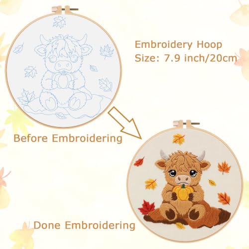 Image of Louise Maelys Highland Cow Embroidery Kit for Beginners(Autumn | Cross Stitch Kit for Adults,Stamped Pattern, Complete Easy Needlepoint Kit, Easy Craft Thankgiving Gift And Room Decor