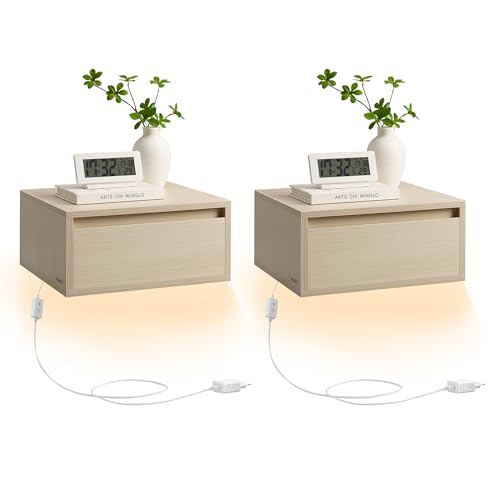 VASAGLE Nachttisch hängend 2er Set, Leuchte mit 3 Farben, schwebendes Wandregal, Schublade, 35 x 40 x 18 cm, modern, Wohnzimmer Schlafzimmer, naturbeige LET854N01
