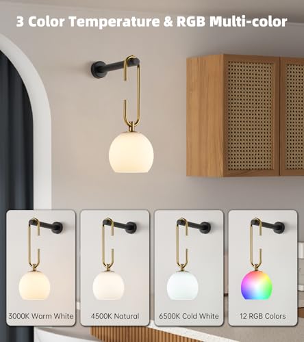 Image of Wireless Wall Sconces Set of 2, Battery Operated Wall Light with Remote, Indoor Wall Lights with Frosted Shade & Dimmable 12RGB Colors Light Bulbs for Bedroom Living Room Hallway(Mix)