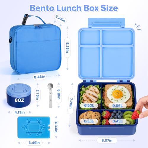 Image of Bento Lunch Box with 8oz Soup Thermo,Kids Leakproof 4 Compartment Lunch Food Containers with Sauce Cup and Ice Pack,Kids Thermo Insulated Hot Food Jar and Lunch Bag for School,Trvael-Blue