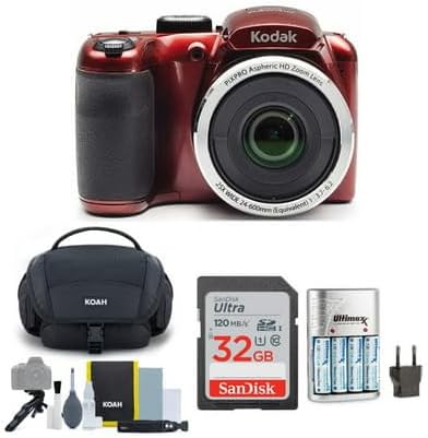 Kodak PIXPRO AZ255 Astro Zoom - Cámara digital de 16MP (rojo) con cargador de batería AA/AAA rápido con 4 baterías recargables AA 2700 Mah, tarjeta