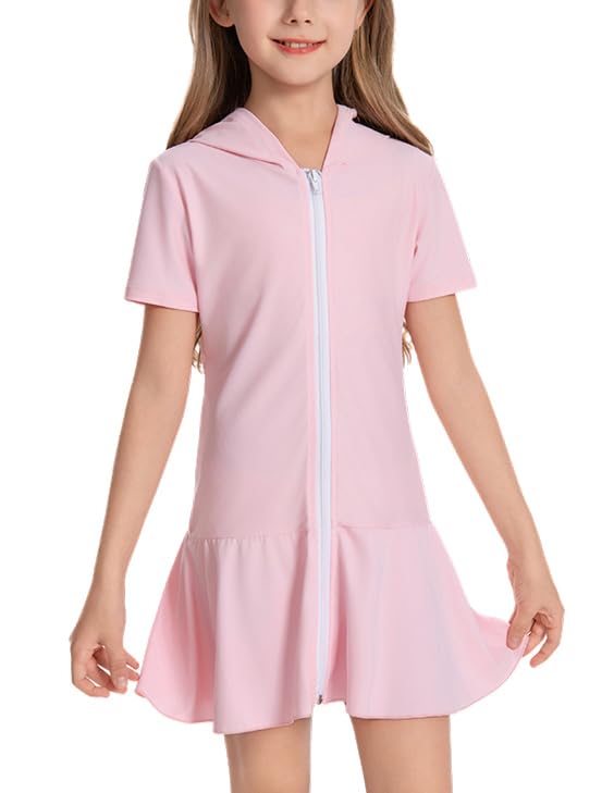Image of Girls Sun Protective Swim Cover Up Hooded with Full-Length Zipper Short Sleeve UPF 50+ Beach Dress Coverup