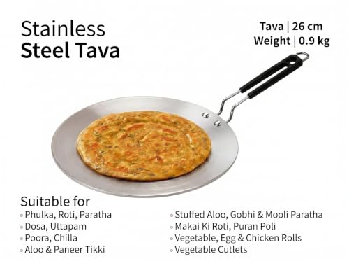 Image of Triply Stainless Steel Tawa 26cm | 4mm Thick, 1Kg | Induction & Gas Compatible | SS 304 Interior | 100% Toxin-Free, No Chemical Coating | Even Heat, No Burning | Roti, Paratha, Chapati