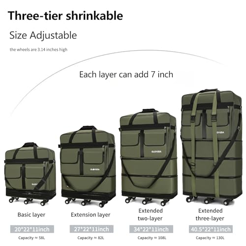 130L Expandable Luggage, 40 Inch Suitcase with Wheels, Collapsible Luggage with Wheels, Rolling Duffle Bag with wheels, Foldable Suitcasewith2Handle Wrap 2Fixing Straps 1Shoulder Strap (Green)2