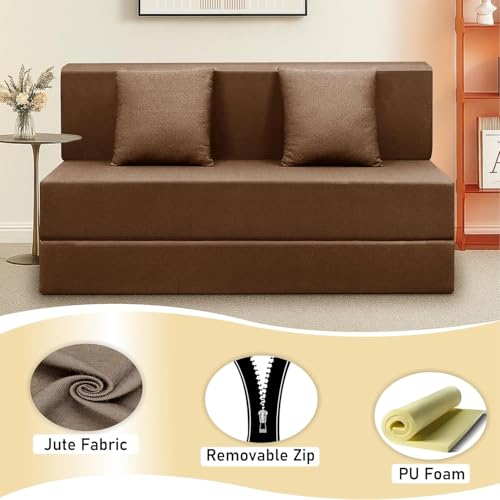 Image of ARTFUL LIVING | Foldable Two Seater 4X6 Sofa Bed | Convertible Sofa Cum Bed with Cushion Jute Fabric Perfect for Living Rooms & Office, Guest Room - Brown Color