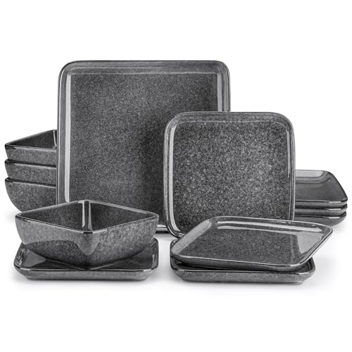 Image of vancasso Stern Gray Dinner Set Square Reactive Glaze Tableware 12 Pieces Kitchen Dinnerware Stoneware Crockery Set with Dinner Plate, Dessert Plate, Bowl Service for 4