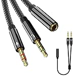 Jaimela 2 in 1 Headphone Mic Splitter, Microphone Splitter, 3.5mm Female to 2 Dual 3.5mm Male Headphone Splitter Cable for PC, Headphones - 22cm