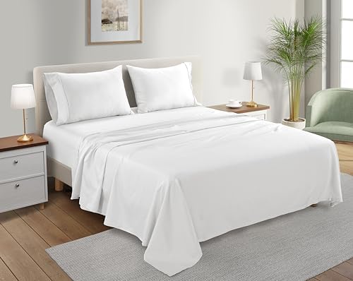 100% Organic Cotton Sheets Queen Size Bed Set, Deep Pocket Queen Sheet set, 300 Thread Count Cotton Bed Sheets, Naturally Cool Soft Breathable No Pill Elasticated Luxury White Bedding For All Seasons