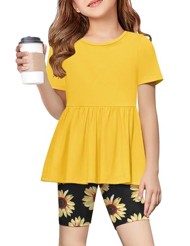 Image of Arshiner Girls Summer Outfits Short Sleeve Ruffle Hem Top and Biker Shorts Set Girl Clothes 4-15 Years