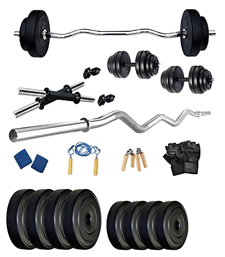 Protoner Home Gym 16 kgs, 2 kg x 8 Plates, 1 x 3 feet bar,2 x Dumbbell rods, Gloves, Gripper, Sweat Bands and Skipping Rope
