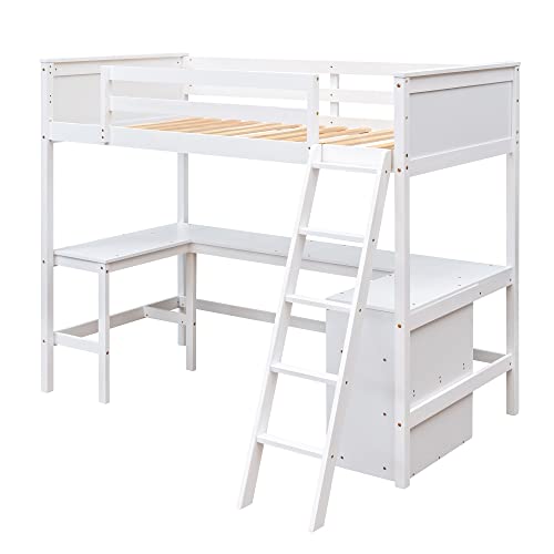 Biadnbz Wooden Twin Loft Bed With Underneath Desk And Bookshelves, For Kids Teens Bedroom, White #TOP3