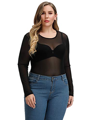 Hanna Nikole Women Plus Size Long Sleeves Stretchy Sheer Mesh Bodysuit Jumpsuit Black 20W