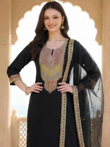 Image of INDO ERA Women's Maroon Silk Blend Embroidered A-Line Kurta & Pant With Dupatta Set (IESTR6990)