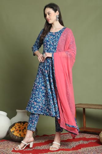 Image of Rajnandini Womens Cotton Floral Printed Kurta Pant Dupatta Set (JOPLST269-P)