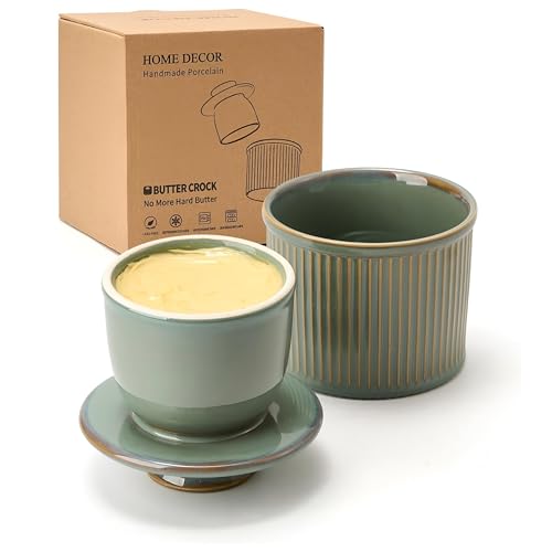 HOME DECOR Butterglocke 250gr Französische Butterdose Wassergekühlt Butterfass Streifen-Design Buttertopf für Frische und Streichfähige Butter - Große Türkisgrün