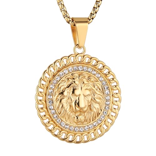 HZMAN 18K Gold Plated Lion Head Necklace Pendant for Men Stainless Steel Hip Hop Rock Lion King Necklaces Charm Animal Amulet Jewelry