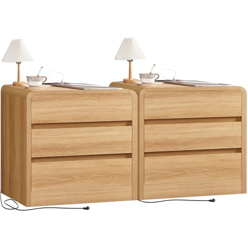 Image of TEENFON Nightstands Set of 2, Night Stand with 3 Storage Drawer and Charging Station, Modern End Tables Wide Night Stands for Bedroom Sofa Couch Home Office, Natural