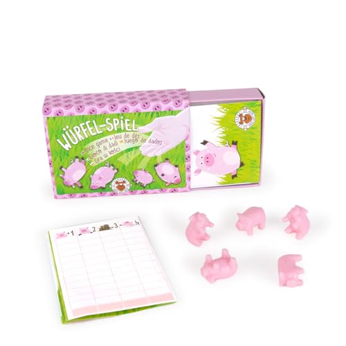 TRENDHAUS 957474 - Schweinchen Würfelspiel mit 5 Schweine-Figuren Famillienspiel ab 2 Personen kompaktes Reisespiel in Karton-Schiebebox