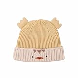 Kids Knit Beanie Christmas Reindeer Winter Comfort Fleece Lined Ribbed Hat Cute Cartoon Holiday Thermal Warm Cuffed Caps Yellow,One Size