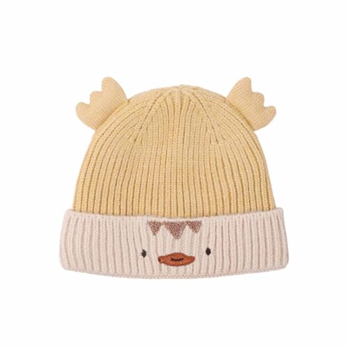Kids Knit Beanie Christmas Reindeer Winter Comfort Fleece Lined Ribbed Hat Cute Cartoon Holiday Thermal Warm Cuffed Caps Yellow,One Size