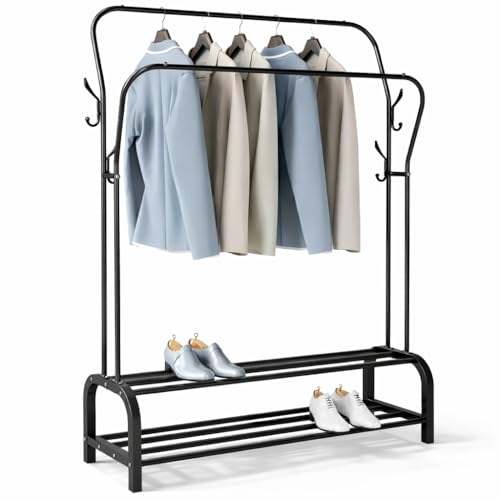 T-LOVENDO.ES Perchero Burro Doble Metálico Negro con Zapatero Inferior | Estante con Estructura Curva | Barra Colgador Resistente | Dormitorio Vestidor Entrada Organizador de Ropa y Zapatos