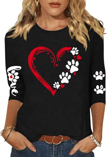 Image of Women's Valentine 3 /4 Sleeve Round Neck Shirt Funny Love Heart Graphic Tee Casual Couple Top Blouse