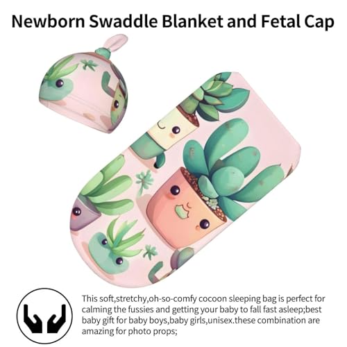 Lovely Succulent Plants Print Newborn Swaddle Blanket with Beanie Set, Soft Baby Sleep Sack Receiving Wraps, for Boy Girl2