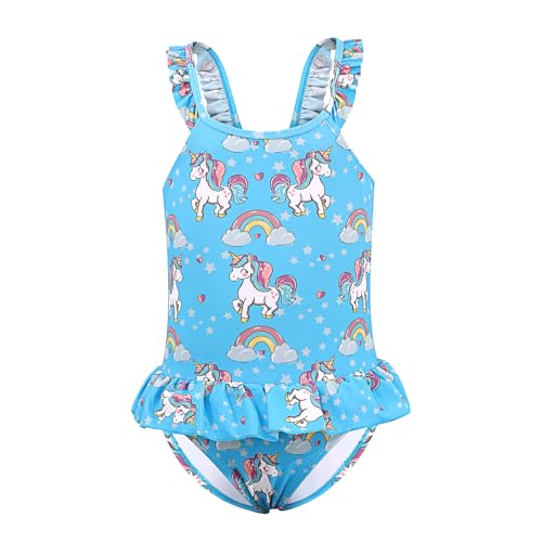 Costume intero per bambina costume da bagno bimba carino con volant costume piscina per vacanze estive ad asciugatura rapida blu 2 anni