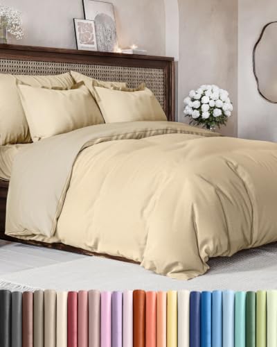 Image of Duvet Cover King Size - 3 Piece Set with Zipper Closure - Heathered Tan | Extra Soft King Duvet Cover 104 inch x 90 inch with 2 Pillow Shams, Hotel Luxury w / Zipper Closures & Ties, Comfy & Breathable, Comfy