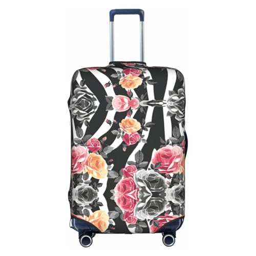 Roses Flower Floral Zebra Stripes Print Travel Elastic Suitcase Luggage Baggage Cover Protector, Washable And Anti-Scratch
