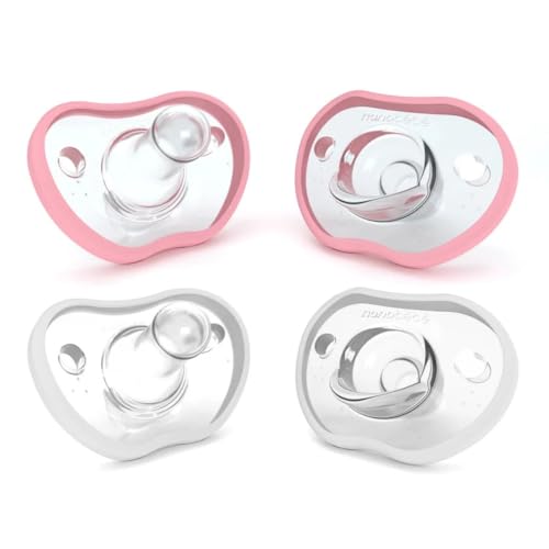 Image of Nanobebe Baby Pacifiers 0-3 Month - Orthodontic, Curves Comfortably with Face Contour, Award Winning for Breastfeeding Babies, 100% Silicone, Baby Registry Gift 4pk, White/Pink