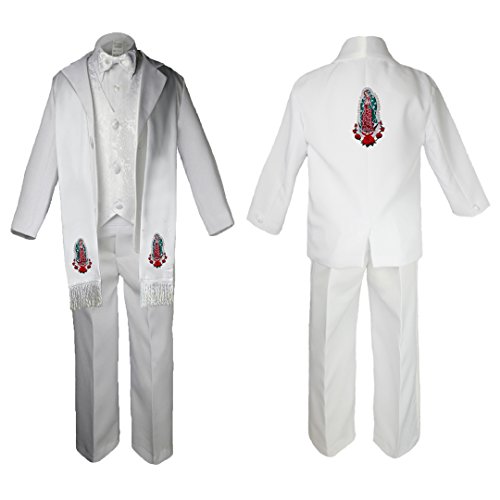 Image of Baby Boy Christening Paisley Suit Silver Guadalupe Maria on Stole & Back SM-20