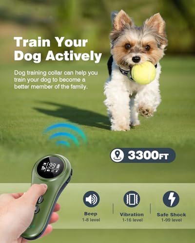 2-in-1 Dog Shock Collar & Dog Bark Collar - Smart Anti Barking Dog Training Collar with 5 Adjustable Sensitivity & 3300FT Remote for All Breeds IP67 Waterproof Rechargeable E-Collar (Green) - Image 5