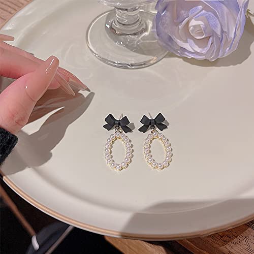 Channel V Black Bow Dangle Earrings Sweet Vintage Pearl Earrings Luxury Crystal Princess Style Elegant Rhinestone Bows Cute Copper Bear Drop Earrings Lightweight Fashion Wedding Jewelry Birthday Gift (Black Bow Pearl) #TOP3