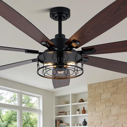 Image of 72 Inch Ceiling Fan with Lights Farmhouse Ceiling Fan with Lights | Black Caged Fandelier Rustic Industrial Chandelier for Living Room Indoor Covered Outdoor, 7 Dual Blades Reversible 6 Speeds