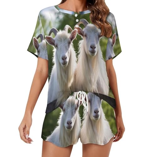 White Goats Farmhouse Women's Two Piece Pajamas Set Short Sleeve Top and Shorts Sleepwear