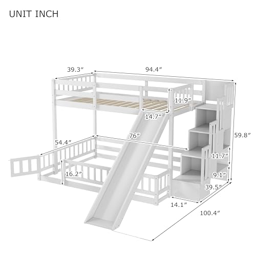 Image of YOPTO Twin Over Full Bunk Bed with Slide,Storage Staircase & Safety Guardrails,Wooden Bunk Bed w /Slat Support,Space Saving,Bedframe Furniture for Student Dorms,Studio,White