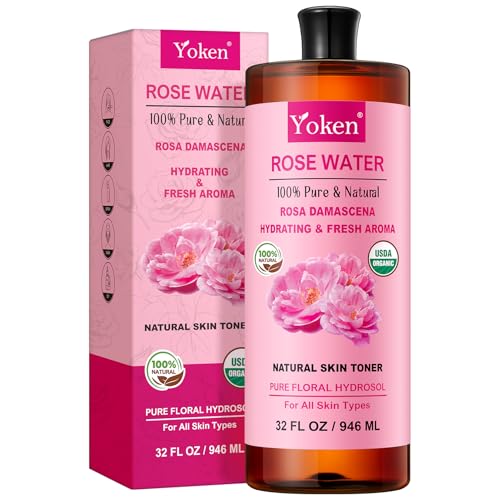 Yoken Pure Rose Water 32oz USDA Organic Rosewater Toner for Face & Hair