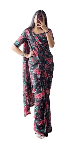 Image of StyleScope Women's Georgette Printed Lace Bordered Ready To Wear One Minute Saree With Print Unstitched Blouse Piece (RTW Mix Free Size)