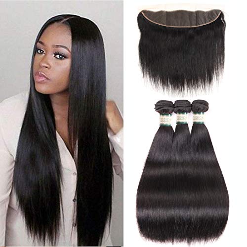 MORICHY Hair Bundles with Lace Frontal Closure, 8A Brazilian Straight Virgin Hair 3 Bundles with 13X4 Ear to Ear Lace Frontal Closure Human Hair Extensions Natural Color 14 14 14+12