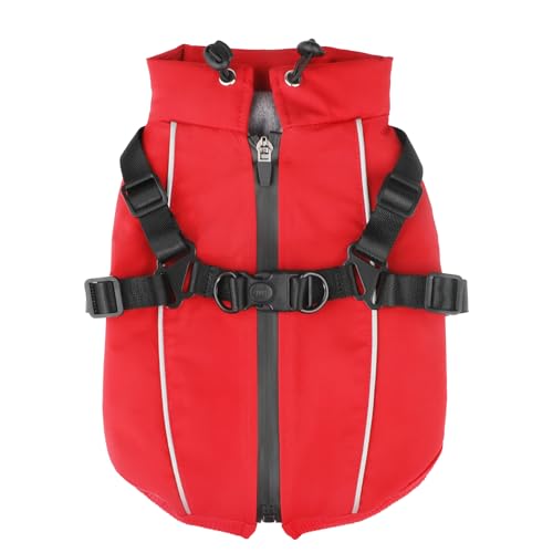 Image of Fiveda Dog Winter Coat Reflective Water-Resistant Jacket, Fleece Lined Windproof Puppy Coat with Back Zipper & D-Ring, Cold Weather Dog Coats for Small Medium Dogs (L, Red)