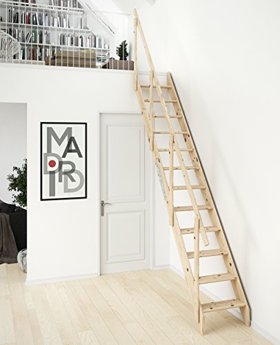 DOLLE Raumspartreppe aus unbehandelter massiver Fichte Höhe bis 283,5 cm inkl. Geländer mit zweigeteilter Wange